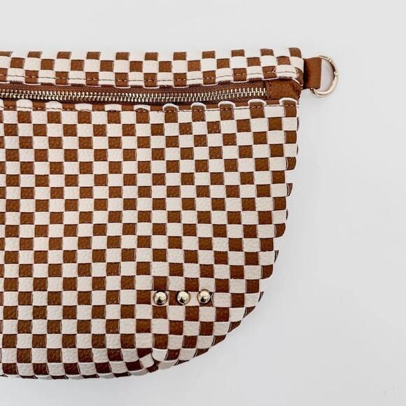 Brown White Check Woven Crossbody Sling Belt Bag